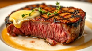 Close-up of perfectly seared prime ribeye steak with golden brown crust, melting butter, fresh thyme garnish, pink medium-rare interior, served on warm white plate, shallow depth of field, professional culinary photography, glistening with natural juices