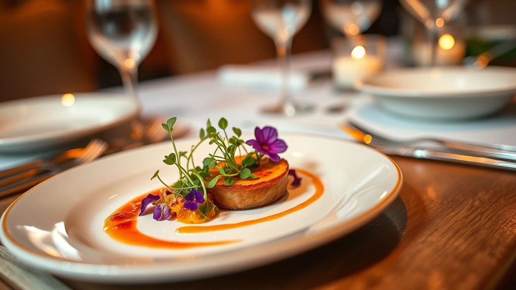 Elegant plated appetizer featuring microgreens, edible flowers, colorful vegetable brunoise, artistic sauce swoosh, fine china, sophisticated restaurant table setting with soft warm lighting, shallow focus on food, fine dining presentation