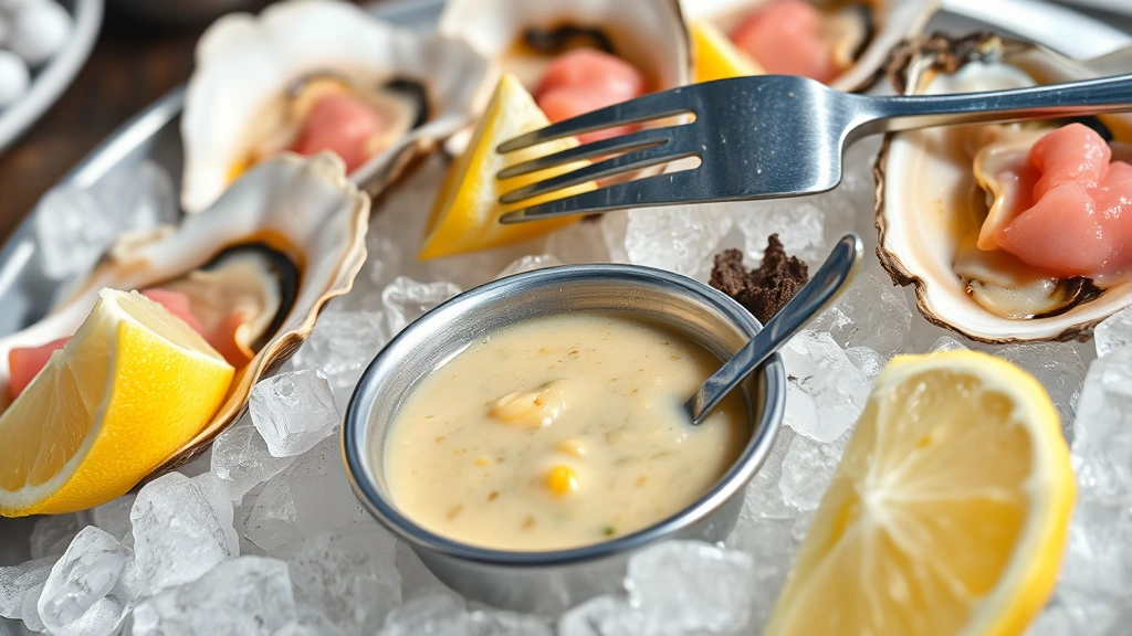Fresh raw oysters on half shell with ice, lemon wedges, mignonette sauce in small dish, mother-of-pearl interior gleaming, rustic oyster fork visible, coastal aesthetic, bright natural light, restaurant presentation style, appetizer close-up
