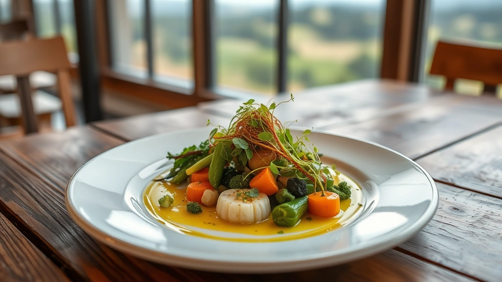 Rustic wooden table with artfully plated farm-to-table dish featuring locally-sourced vegetables, microgreens, and garnishes in soft natural light, Oregon landscape visible through window