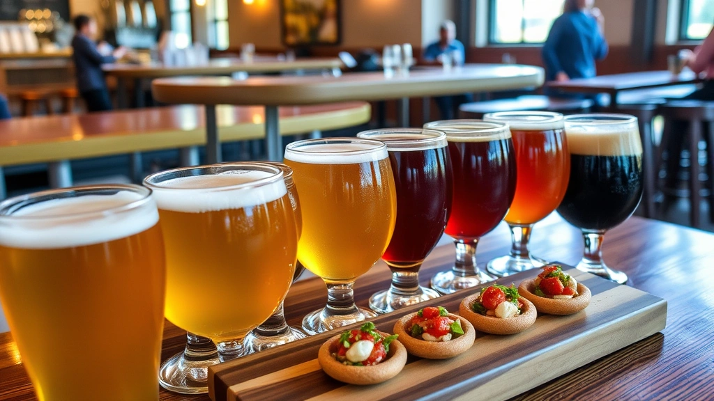 Overflowing craft beer flight with multiple glasses of different colored beers ranging from pale gold to deep brown, small appetizers on wooden board nearby, brewpub setting
