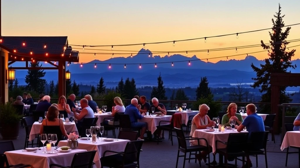 Outdoor patio dining at sunset with mountain views, tables with white tablecloths, warm string lighting, guests enjoying meals, Cascade Range silhouette in background