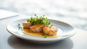 Elegant plated seafood dish with seared scallops, microgreens, and citrus beurre blanc on white ceramic plate, soft natural waterfront light, ocean blurred in background