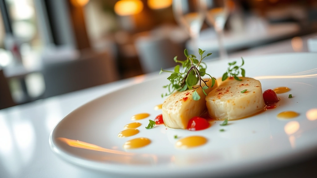 Professional plated fine dining dish with microgreens, sauce dots, and artistic presentation on white ceramic plate, warm restaurant lighting, shallow depth of field, food photography style