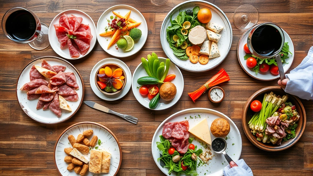 Rustic wood table with multiple small plates including cured meats, fresh vegetables, artisanal cheeses, wine glasses, natural window lighting, overhead food styling shot