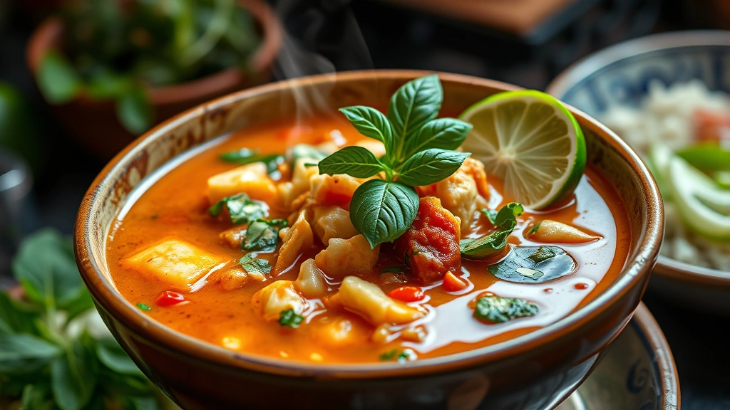 Vibrant bowl of Thai curry with coconut broth, tender vegetables, fresh herbs, steam rising, garnished with basil and lime, authentic street food presentation, warm ambient lighting