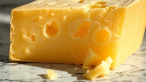 Close-up of aged Parmigiano-Reggiano wedge showing distinctive crystalline formation and pale golden interior, artfully arranged on marble surface with dramatic lighting highlighting texture details