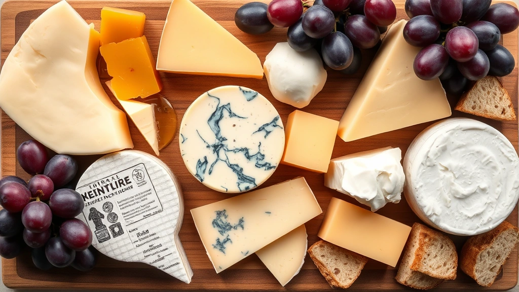 Overhead flat lay composition of diverse cheese varieties including soft-ripened Brie, blue-veined Roquefort, fresh Burrata, and hard Alpine cheese wedges arranged on wooden board with fresh grapes, honeycomb, and crusty bread pieces