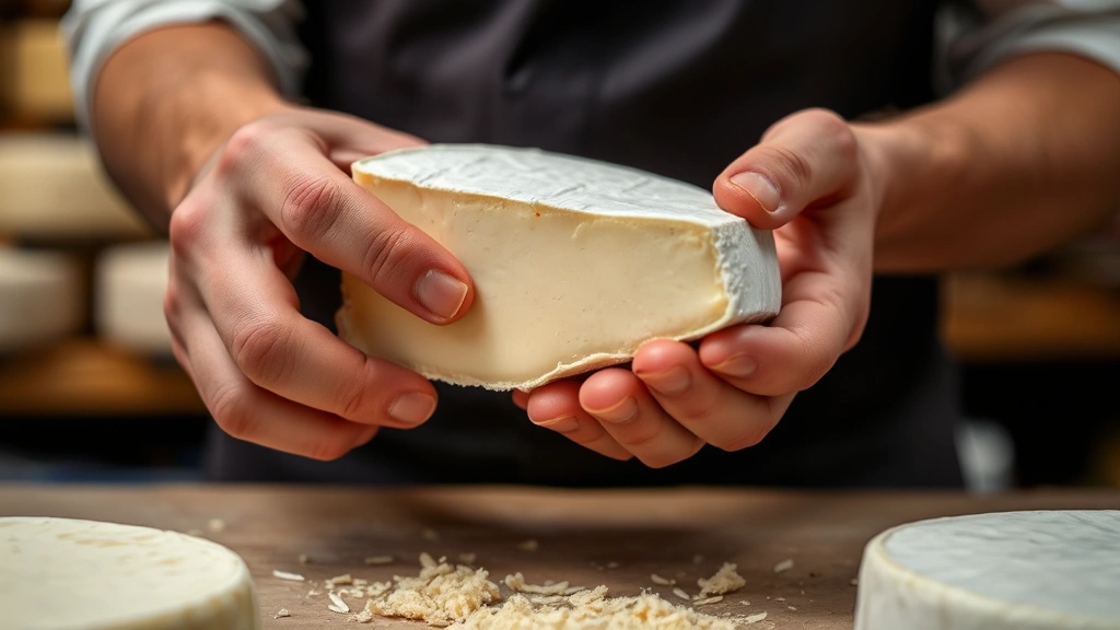 Artisanal cheese monger's hands carefully handling delicate soft-ripened cheese with white penicillium rind, demonstrating proper texture assessment through gentle pressure test in professional fromagerie setting