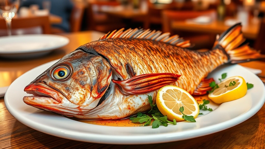 Freshly grilled whole red snapper with charred skin, lemon wedges, and herb garnish on white plate, professional restaurant plating, coastal restaurant setting, warm golden lighting highlighting fish texture
