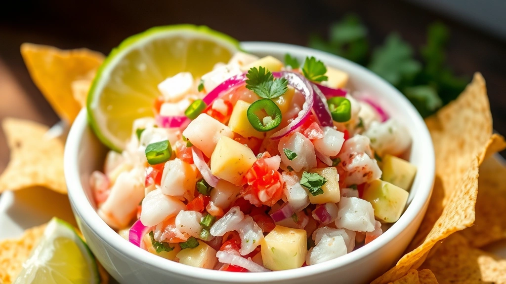 Vibrant seafood ceviche in white ceramic bowl, diced white fish with lime juice, red onion, cilantro, jalapeño, avocado chunks, served with crispy tortilla chips, fresh bright ingredients, natural daylight