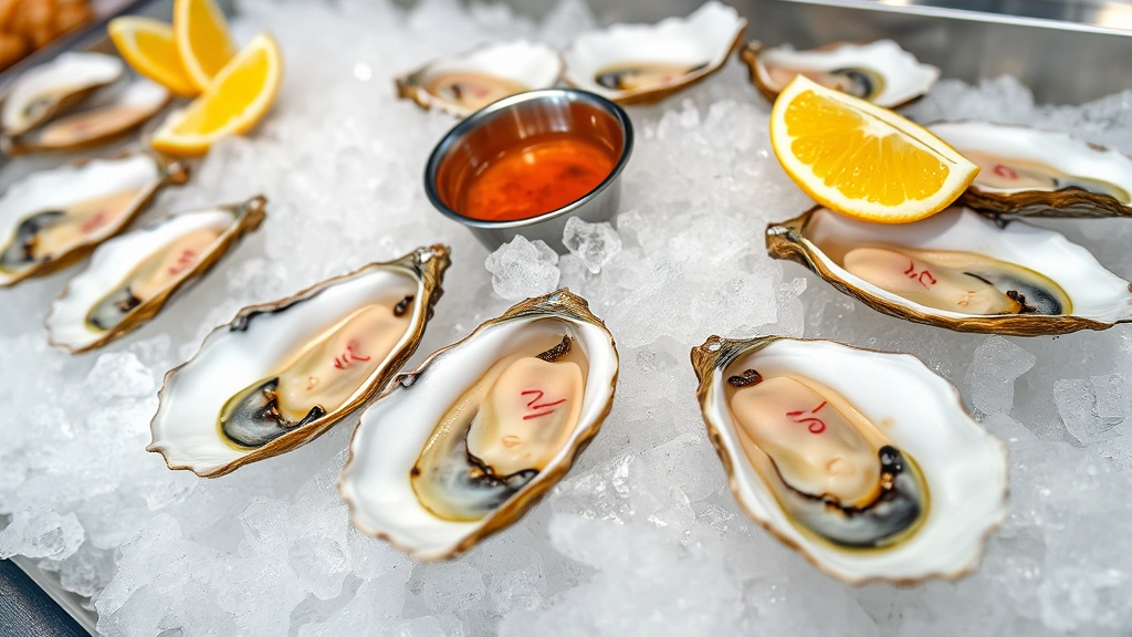 Raw oyster bar display with multiple oyster shells on crushed ice, mignonette sauce in small bowl, fresh citrus wedges, sea salt, elegant presentation, pristine condition, professional seafood restaurant