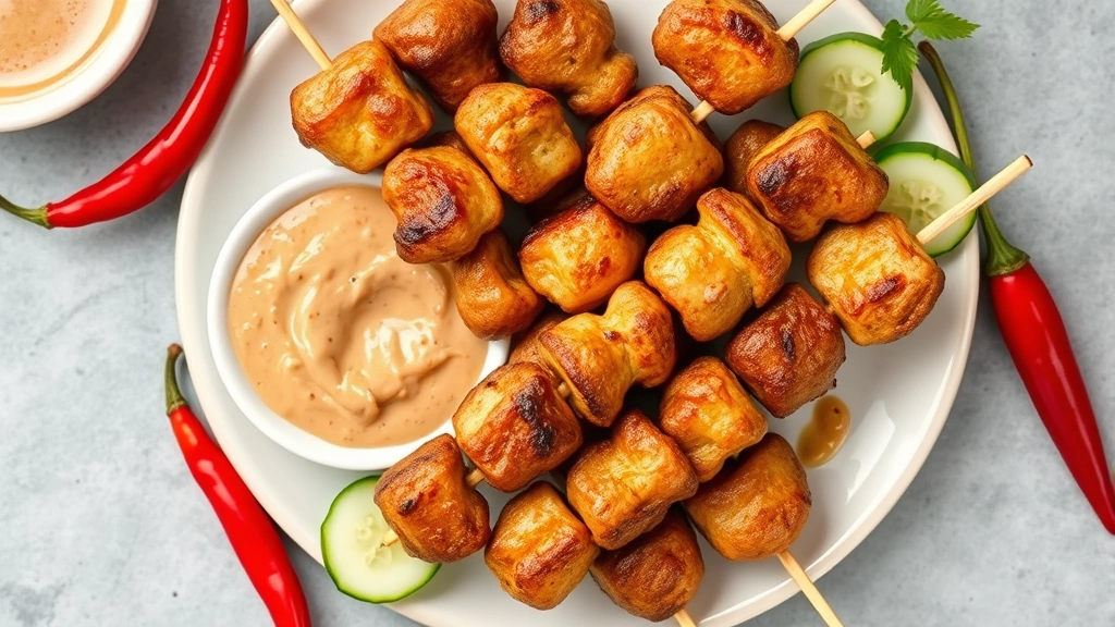 Overhead shot of Malaysian satay skewers arranged on white ceramic plate with creamy peanut sauce, garnished with cucumber slices and fresh red chilies, natural daylight, vibrant colors