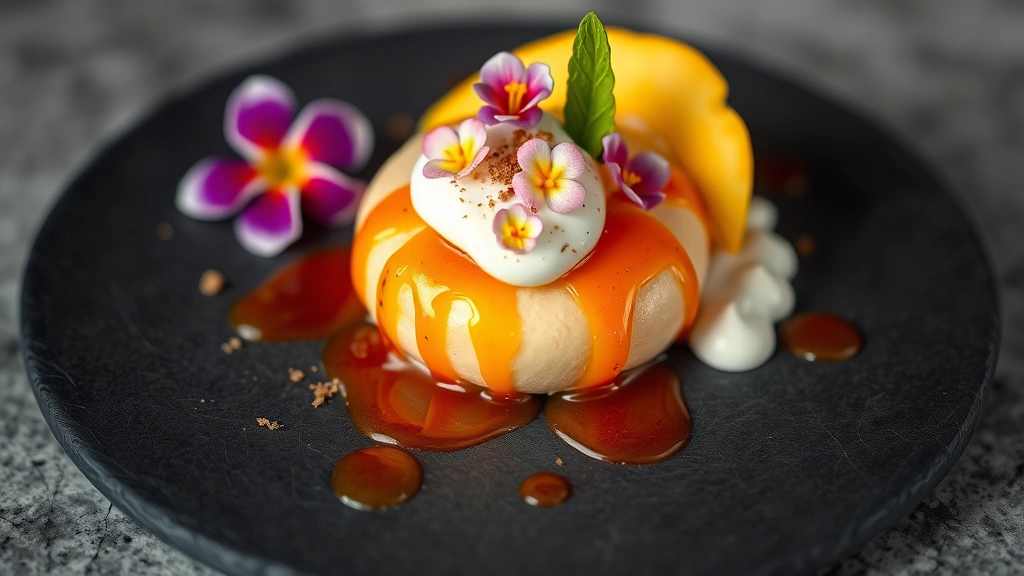 Artistic plating of tropical fruit dessert with passion fruit glaze, fresh mango slices, coconut cream drizzle, and edible flowers on slate plate, professional culinary presentation, shallow depth of field