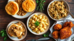 Overhead shot of Southern comfort food spread: buttermilk biscuits with sausage gravy, creamed collard greens, mac and cheese, and fried chicken on rustic wooden table with fresh herbs