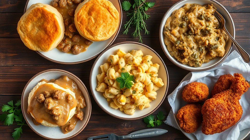 Overhead shot of Southern comfort food spread: buttermilk biscuits with sausage gravy, creamed collard greens, mac and cheese, and fried chicken on rustic wooden table with fresh herbs