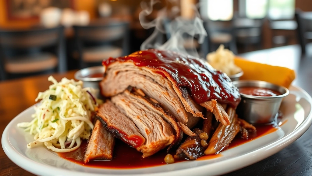 Close-up of perfectly smoked barbecue pulled pork on white plate with house-made sauce, coleslaw, and cornbread, steam rising from meat, rustic restaurant setting