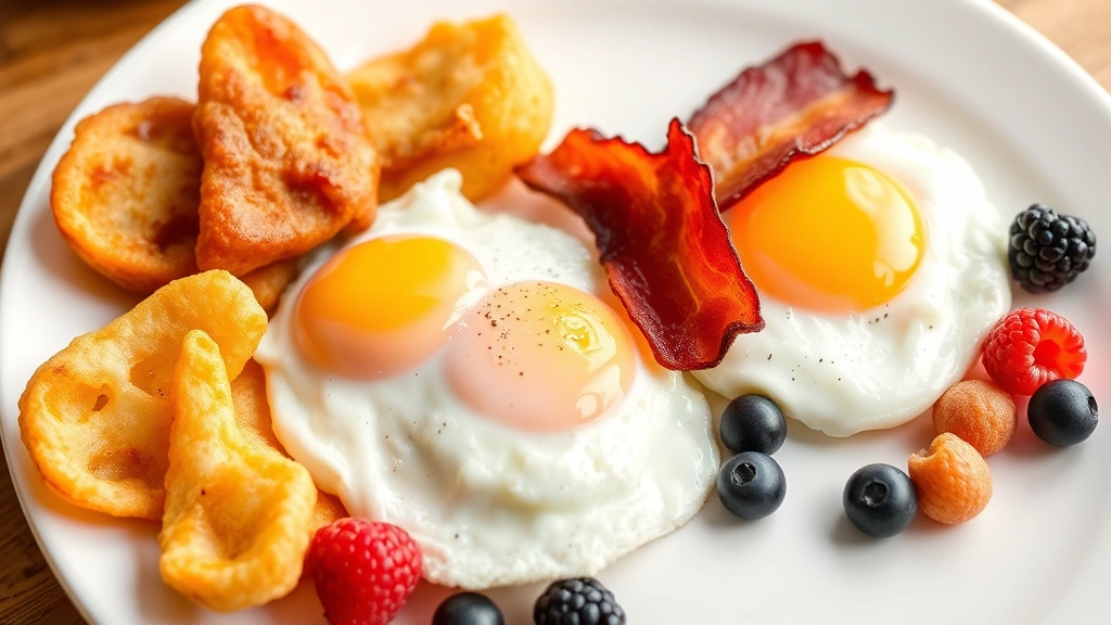 Elegant brunch plate featuring sunny-side-up eggs with crispy bacon, golden hash browns, fresh berries, and artfully plated garnishes on white ceramic dishware