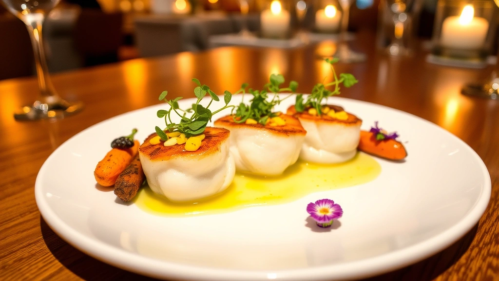 Fine dining plated seafood course featuring seared scallops with microgreens, citrus beurre blanc, roasted root vegetables, and edible flowers on white plate under warm restaurant lighting