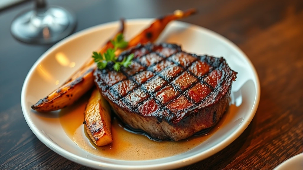 Overhead view of perfectly seared dry-aged beef steak with caramelized crust, resting on warm white plate, accompanied by roasted root vegetables with charred edges and fresh herb garnish, restaurant lighting, shallow depth of field, photorealistic