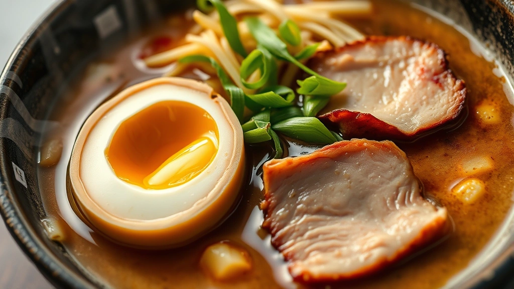 Close-up of steaming ramen bowl with rich tonkotsu broth, perfectly cooked noodles, soft-boiled egg cut in half showing runny yolk, sliced pork chashu, fresh green onions, bamboo shoots, photorealistic, steam rising, professional food photography