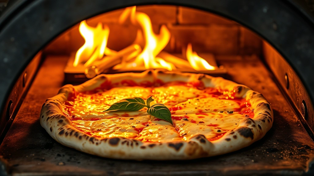 Artisanal wood-fired pizza emerging from oven with bubbling cheese, charred crust edges, fresh basil leaf, olive oil drizzle, visible flame in background, warm golden lighting, photorealistic food styling