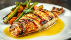 Fresh grouper fillet with charred exterior, lemon butter sauce, seasonal roasted vegetables, coastal plating on white ceramic, professional food photography, natural lighting