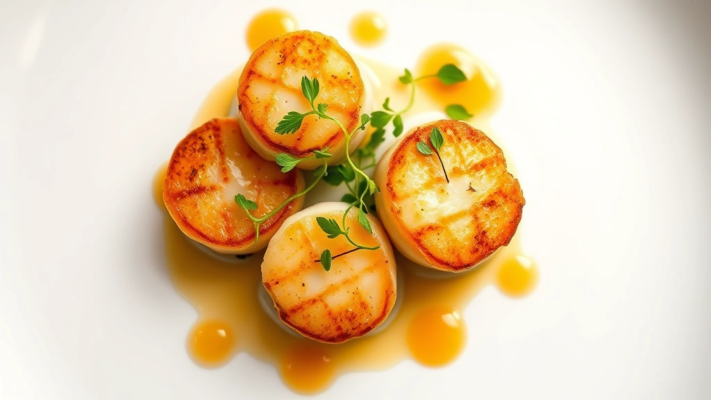 Overhead view of perfectly seared scallops with microgreens and sauce dots on white plate, professional food photography, fine dining presentation, steam rising from hot seafood
