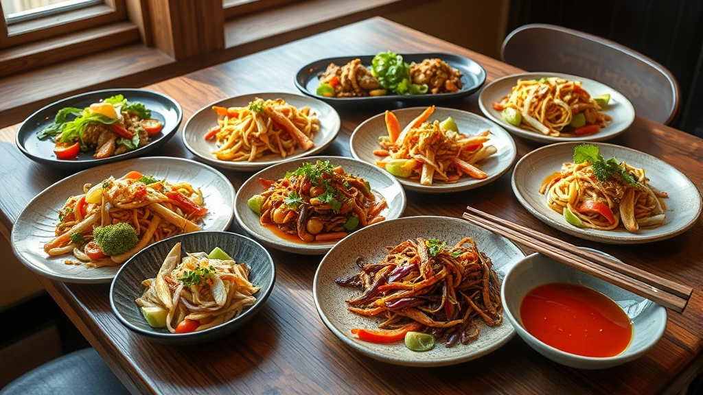 Rustic wooden table spread with multiple small plates featuring Asian fusion cuisine, colorful vegetables, vibrant sauces, chopsticks, natural window lighting, restaurant setting