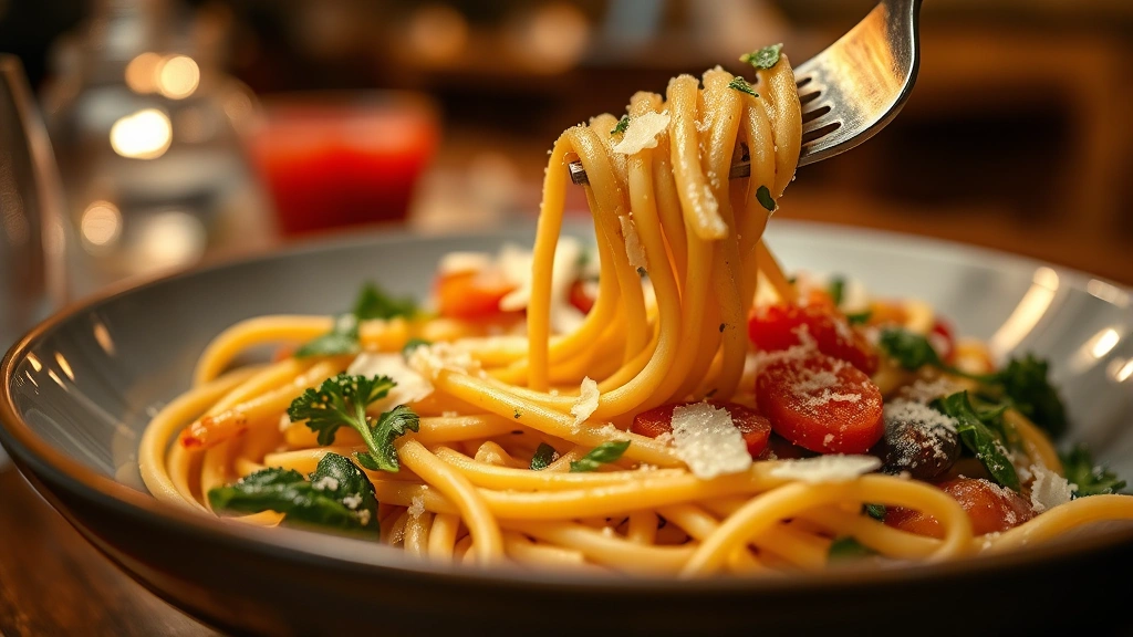 Close-up of freshly made pasta dish with seasonal vegetables, herbs, creamy sauce, parmesan shavings, fork lifting pasta, warm ambient restaurant lighting, shallow depth of field