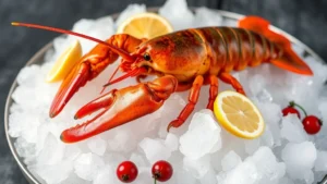 Fresh southern rock lobster on crushed ice with lemon wedges and native New Zealand pepperberries, photorealistic culinary presentation, coastal seafood aesthetic