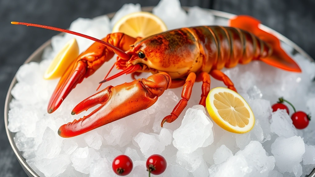 Fresh southern rock lobster on crushed ice with lemon wedges and native New Zealand pepperberries, photorealistic culinary presentation, coastal seafood aesthetic