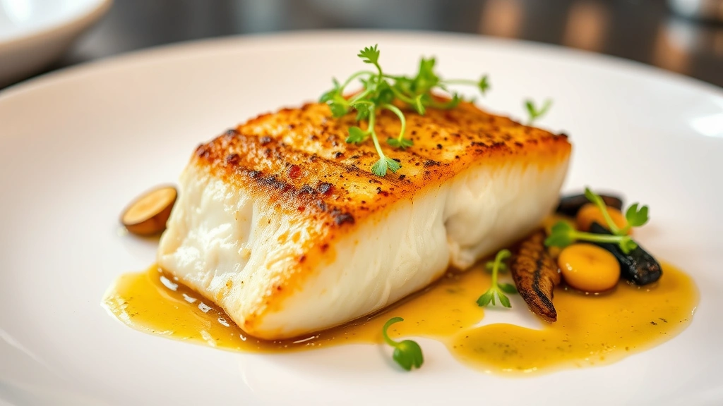 Perfectly seared blue cod fillet with golden crispy skin, charred brassicas, and delicate microgreens on white ceramic plate, fine dining plating style, restaurant kitchen lighting