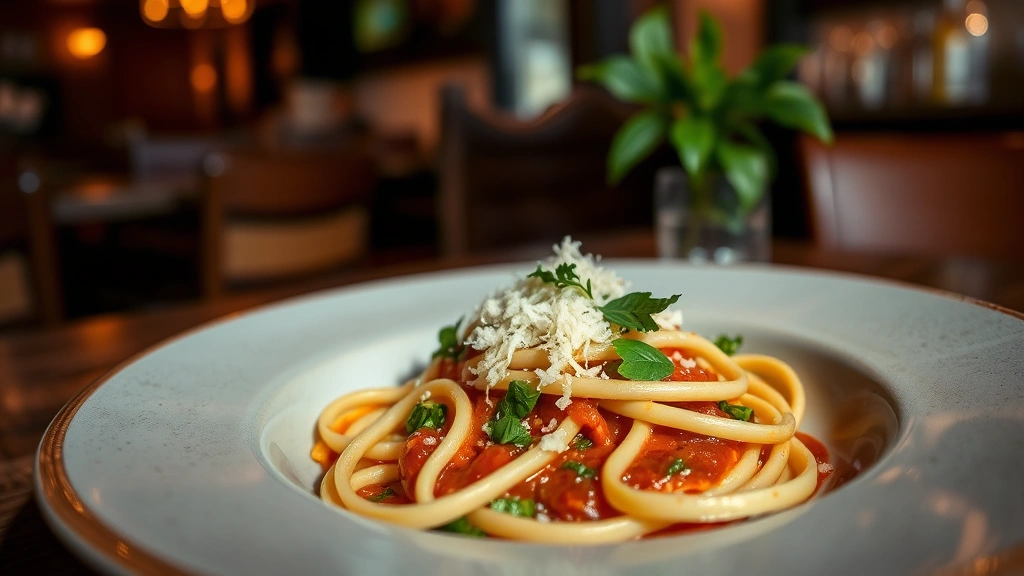 Artisanal pasta dish with house-made tagliatelle, rich sauce, fresh herbs, and grated cheese, warm natural lighting, intimate gastropub ambiance, close-up food photography