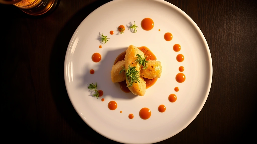 Overhead shot of a beautifully plated fine dining entrée with microgreens, sauce dots, and artistic presentation on a white ceramic plate, professional restaurant lighting