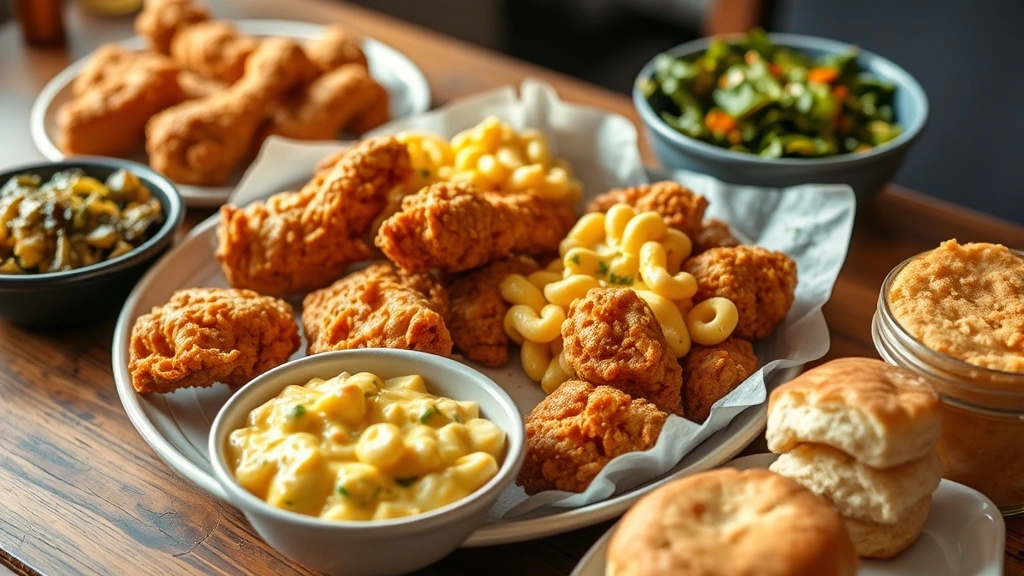 Rustic Southern comfort food spread featuring golden fried chicken, creamy mac and cheese, fresh collard greens, and buttermilk biscuits on wooden table with warm natural lighting
