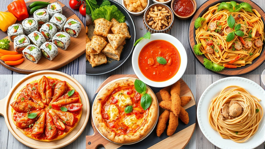 Vibrant international cuisine collection showing fresh sushi rolls, colorful Thai curry, wood-fired pizza, and Italian pasta dishes arranged on various serving plates and boards