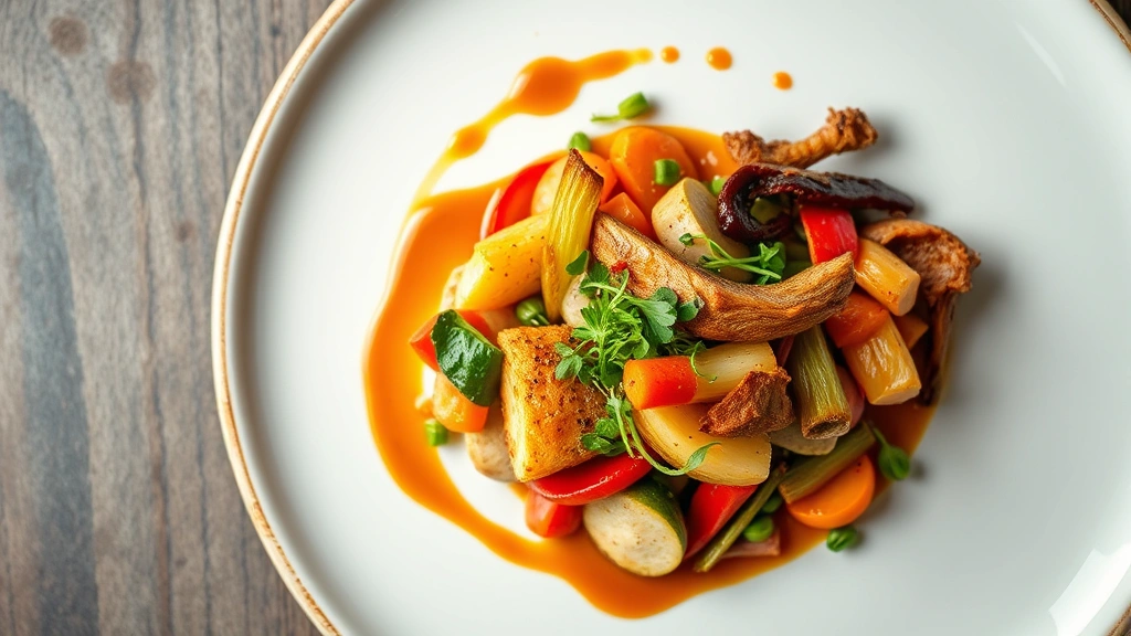 Overhead view of artisanal plated dish featuring vibrant seasonal vegetables, microgreens, and protein with elegant sauce drizzle on white ceramic plate, professional food photography