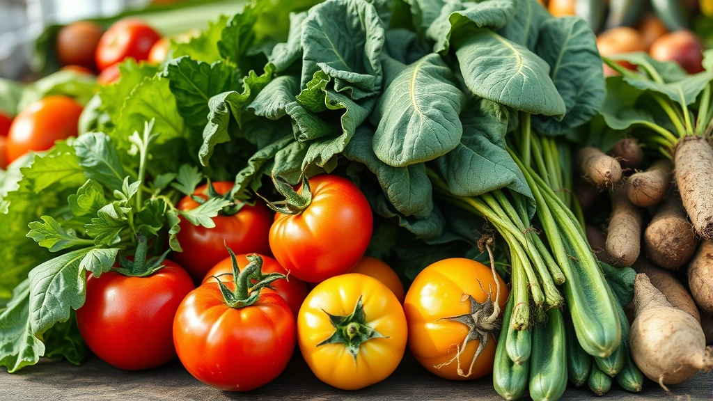 Close-up of fresh farm vegetables including heirloom tomatoes, leafy greens, and root vegetables arranged at farmers market, natural sunlight, rustic wooden surface