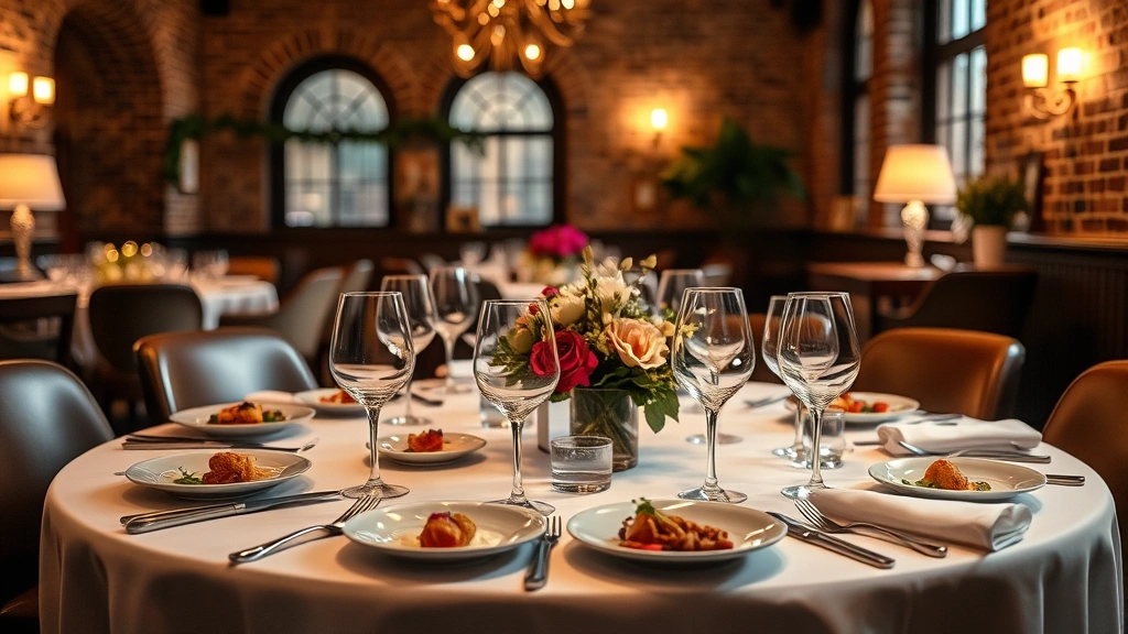 Elegant fine dining table setting with multiple small courses, wine glasses, fresh flowers, candlelight creating warm atmosphere in historic brick restaurant interior