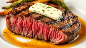 Close-up of perfectly seared ribeye steak with caramelized crust, medium-rare pink center, topped with herb butter melting across surface, plated on white ceramic with seasonal vegetable garnish and rich demi-glace sauce