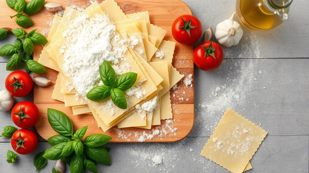 Overhead view of fresh handmade pasta sheets dusted with flour, wooden cutting board, Italian ingredients scattered around including fresh basil, San Marzano tomatoes, garlic cloves, quality olive oil bottle, authentic Mediterranean kitchen setting