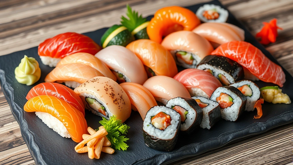 Vibrant sushi platter arrangement featuring assorted nigiri and maki rolls with glistening sushi-grade fish, wasabi dollop, pickled ginger, fresh wasabi root, arranged on dark slate board with minimalist Japanese aesthetic, professional lighting