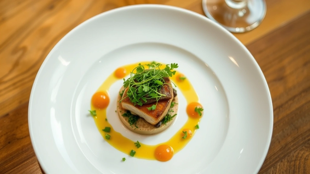 Overhead shot of artisanal plated dish with microgreens, sauce drizzle, and garnish on white ceramic plate, fine dining presentation, warm restaurant lighting, professional food photography, shallow depth of field