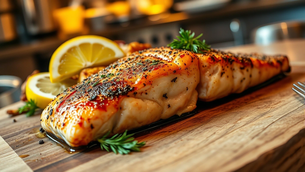 Close-up of perfectly seared salmon fillet with crispy skin, lemon wedge, roasted vegetables, and herb garnish on rustic wooden board, steam rising, warm golden lighting, restaurant kitchen setting