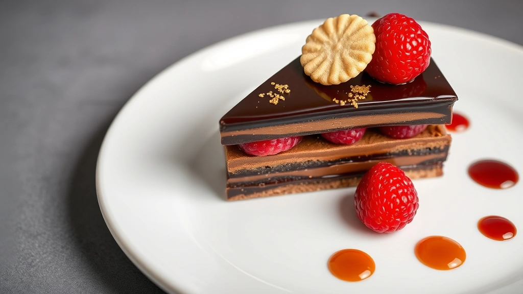 Layered chocolate dessert with glossy ganache, gold leaf detail, fresh berries, delicate wafer cookie, on white plate with artistic sauce dots, professional pastry presentation, soft studio lighting