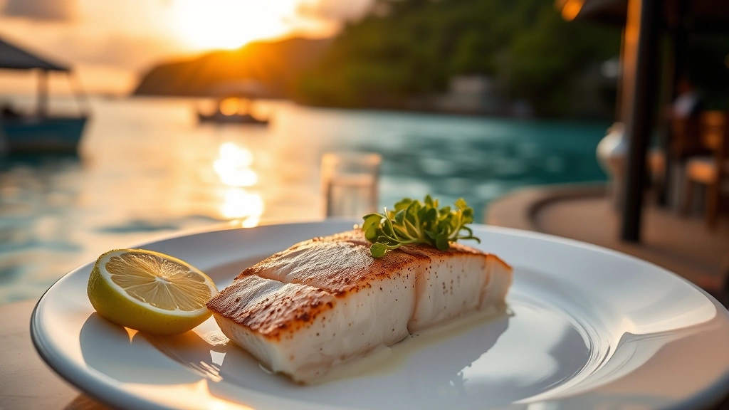 Golden-hour sunset over turquoise water with fresh mahi-mahi fillet on white plate, lime wedge, microgreens, professional plating, waterfront restaurant setting, natural lighting, shallow depth of field, tropical paradise ambiance