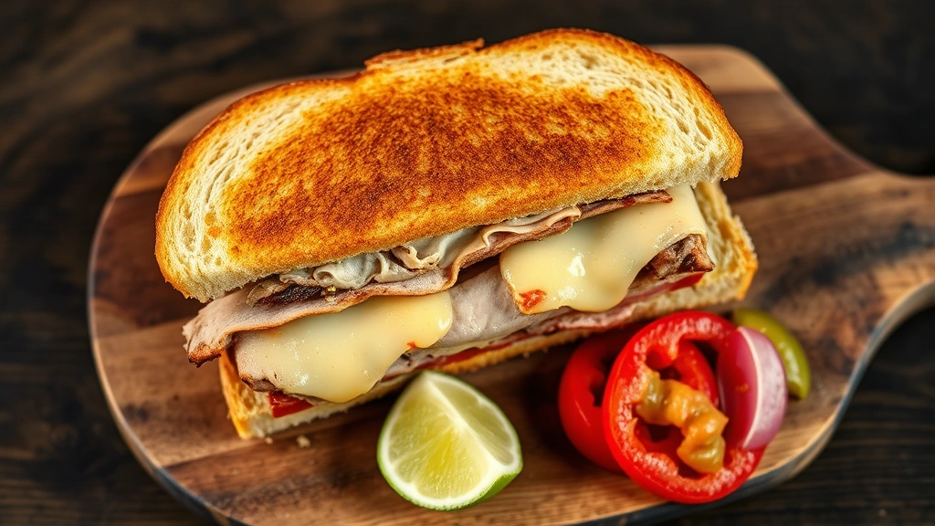 Overhead shot of traditional Cuban sandwich pressed and cut diagonally, melted cheese visible, roasted pork layers, Cuban bread golden exterior, served on rustic wooden board with pickled vegetables and lime, vibrant natural light, authentic Key West style