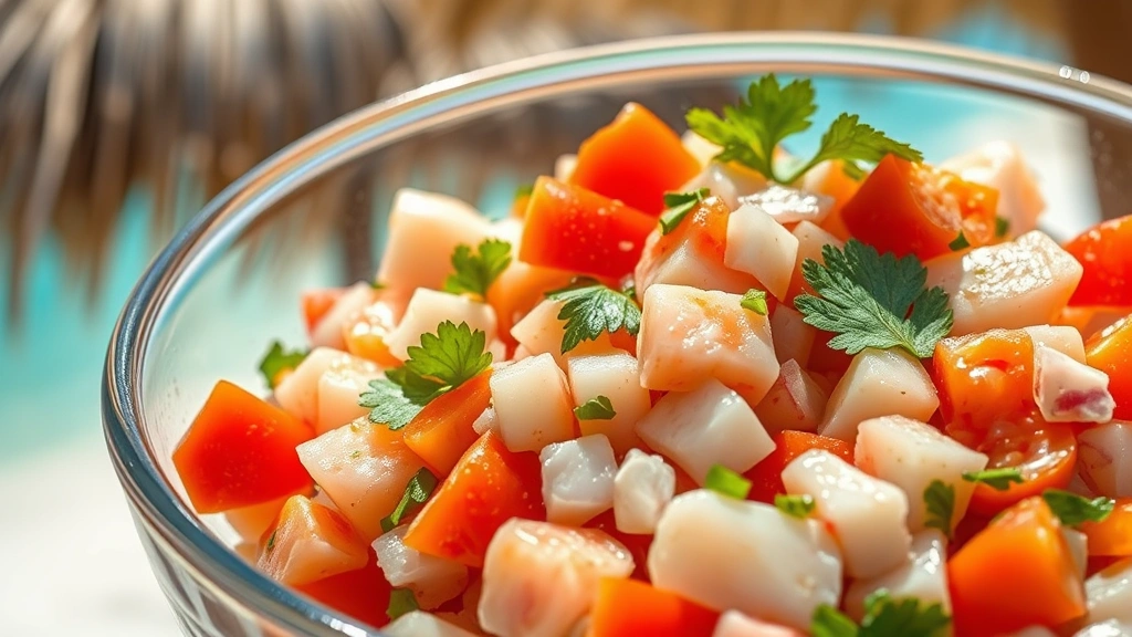 Close-up of vibrant conch salad in clear glass bowl, diced conch meat, red tomatoes, white onions, cilantro, citrus juice glistening, tropical beach cabana backdrop, bright natural lighting, fresh and appetizing presentation, Caribbean authenticity