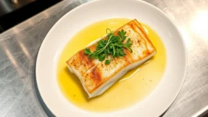 Overhead shot of fresh Lake Superior whitefish fillet perfectly seared, garnished with microgreens and lemon butter sauce on white ceramic plate, professional culinary plating, restaurant kitchen lighting